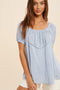 Powder Blue Embroidered Puff Sleeve Peasant Blouse