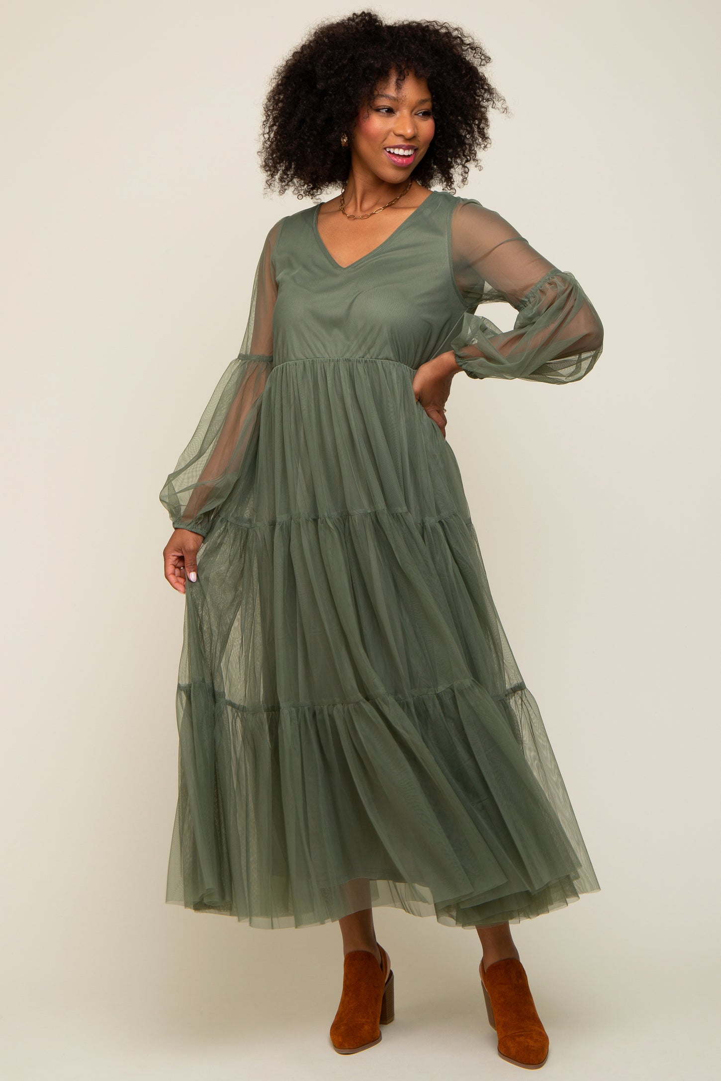 Olive Mesh Overlay Tiered Maternity Maxi Dress