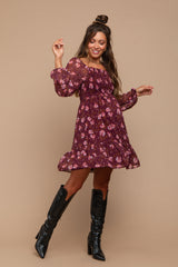 Burgundy Floral Smocked Long Sleeve Maternity Dress