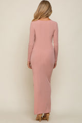 Pink Ribbed Long Sleeve Side Slit Maternity Maxi Dress