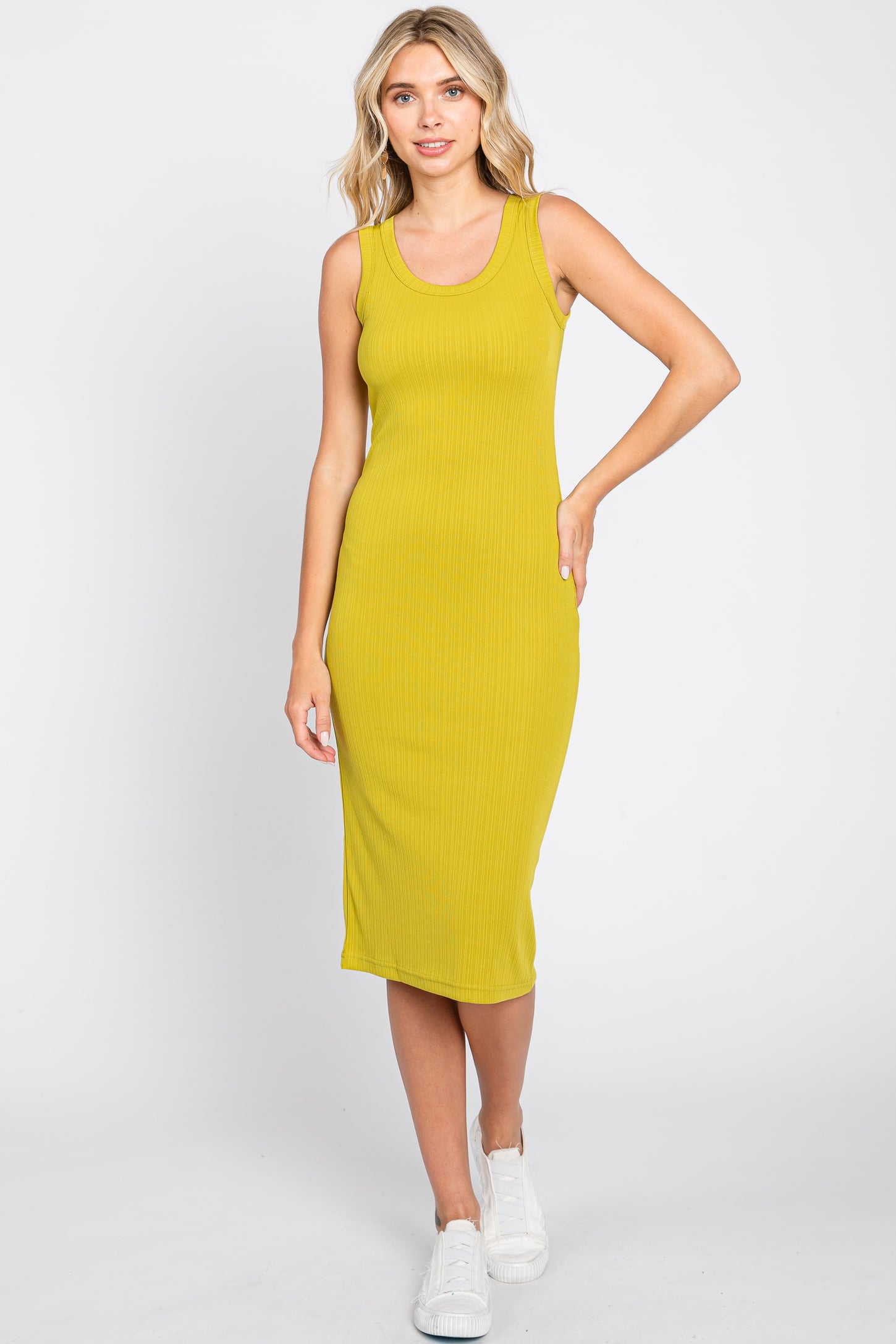 Lime Ribbed Fitted Midi Dress