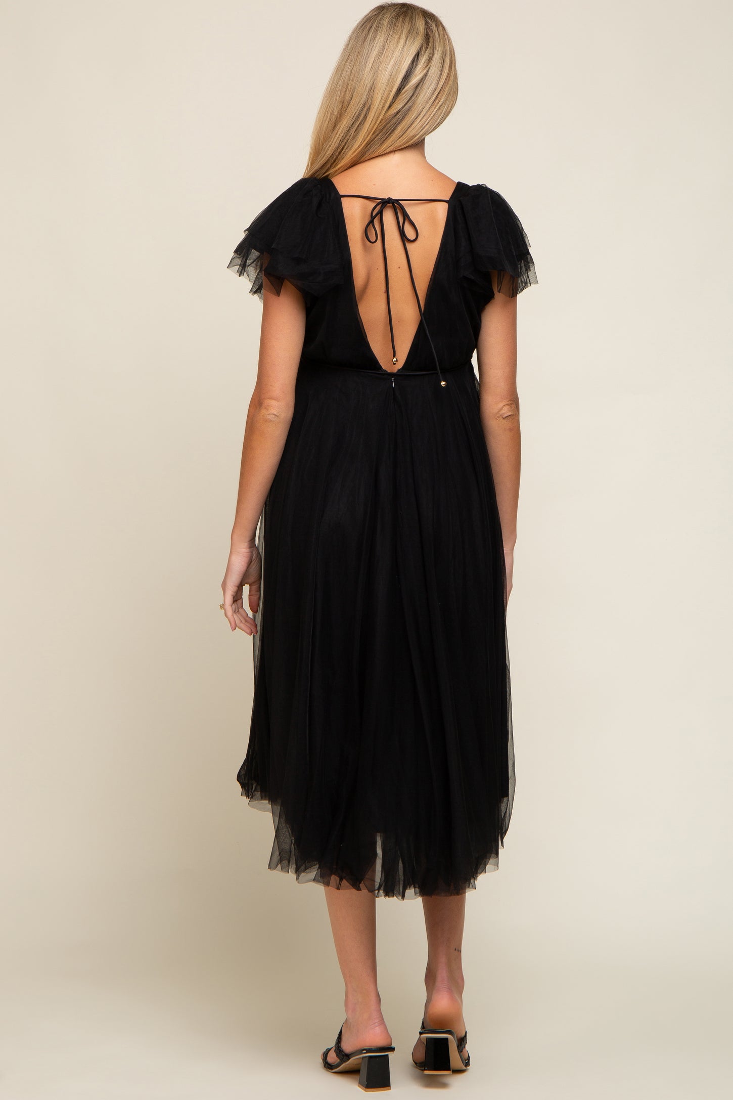 Black Tulle V-Neck Flutter Sleeve Maternity Midi Dress