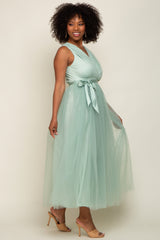 Mint Green Wrap V-Neck Waist Tie Tulle Midi Dress