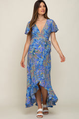 Blue Leaf Print Wrap Maternity Maxi Dress