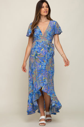 Blue Leaf Print Wrap Maternity Maxi Dress