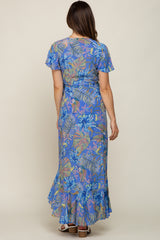 Blue Leaf Print Wrap Maternity Maxi Dress
