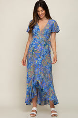 Blue Leaf Print Wrap Maternity Maxi Dress