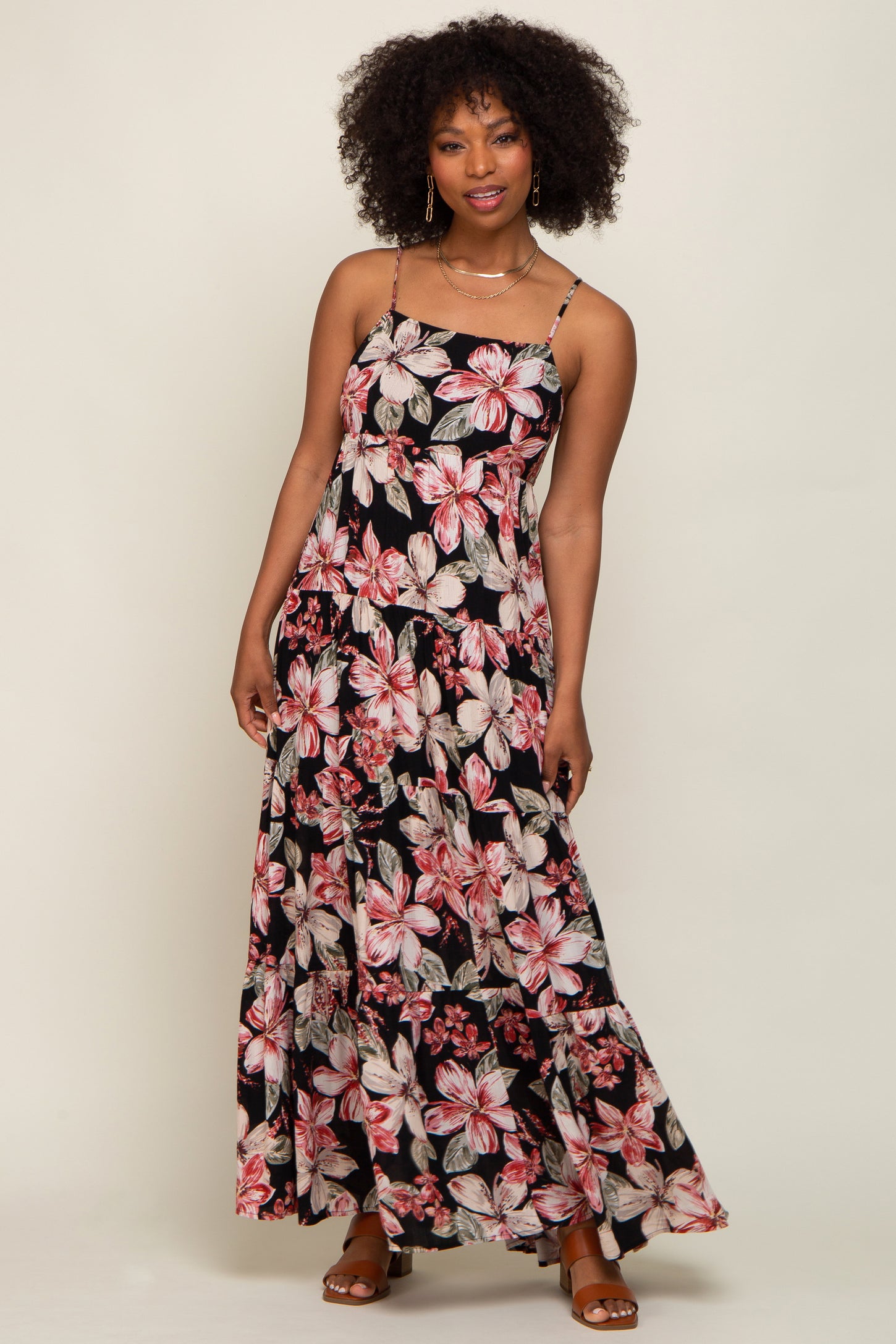 Black Floral Square Neck Tiered Maxi Dress