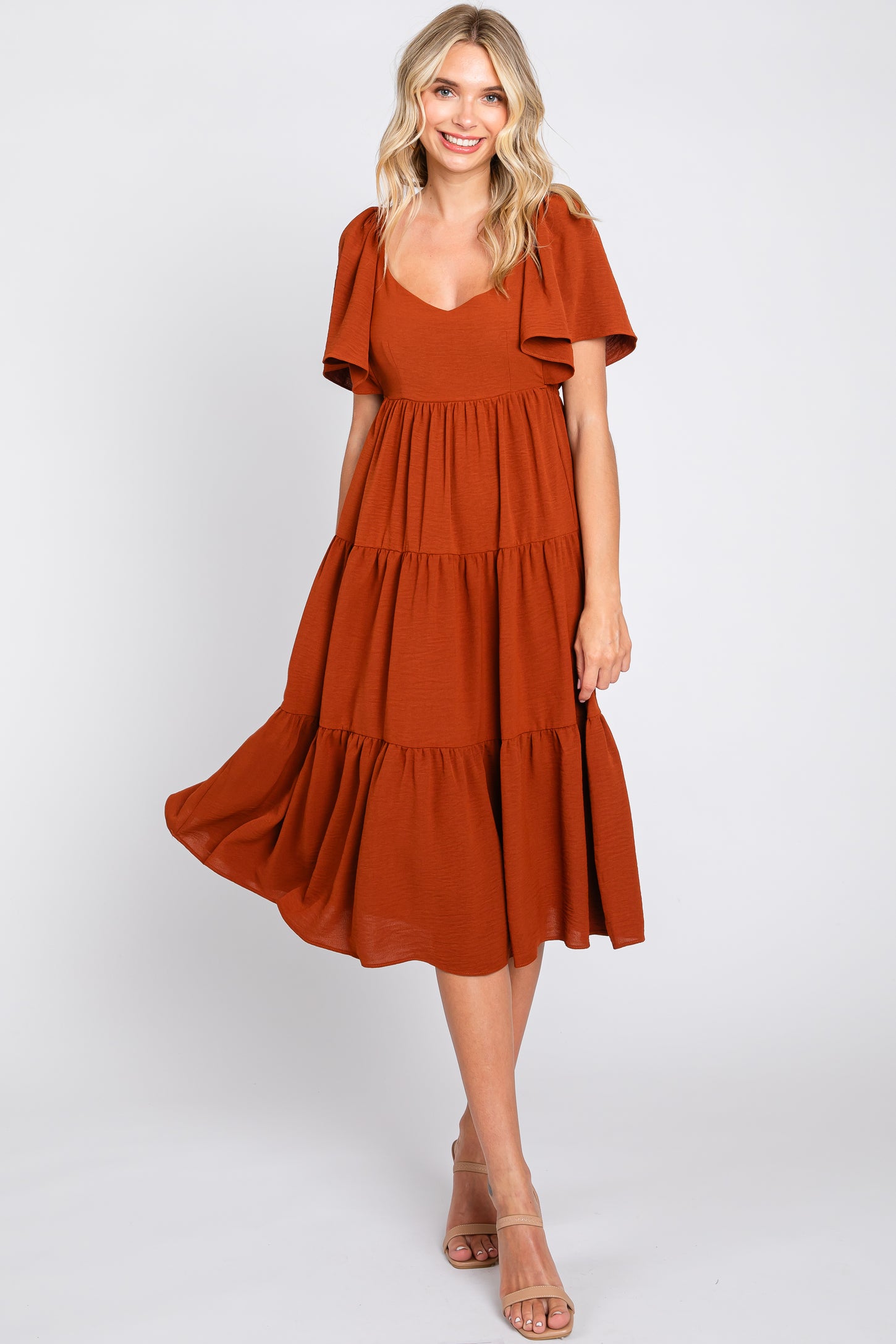 Rust Tiered Criss Cross Back Maternity Midi Dress