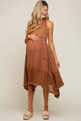 Mocha Lace Accent Halter Maternity Midi Dress