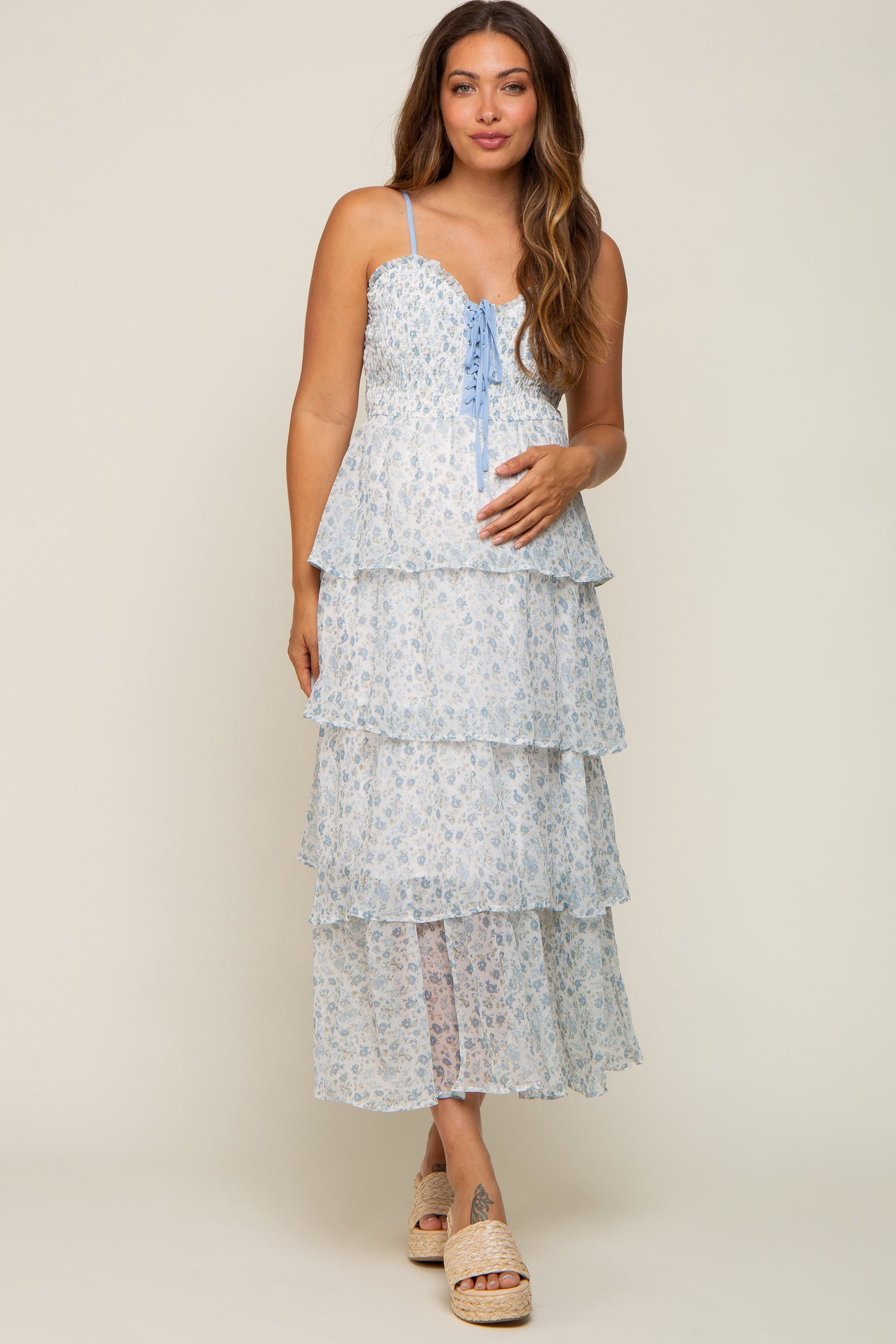 Light Blue Floral Sleeveless Tiered Maternity Maxi Dress