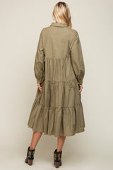 Olive Tiered Button Down Midi Dress