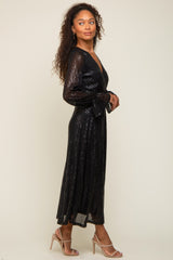 Black Sequin Long Sleeve Wrap Maxi Dress