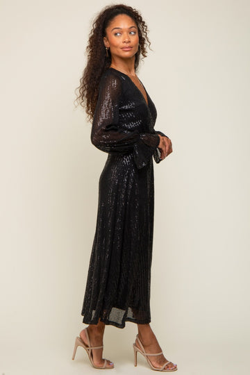 Black Sequin Long Sleeve Wrap Maxi Dress