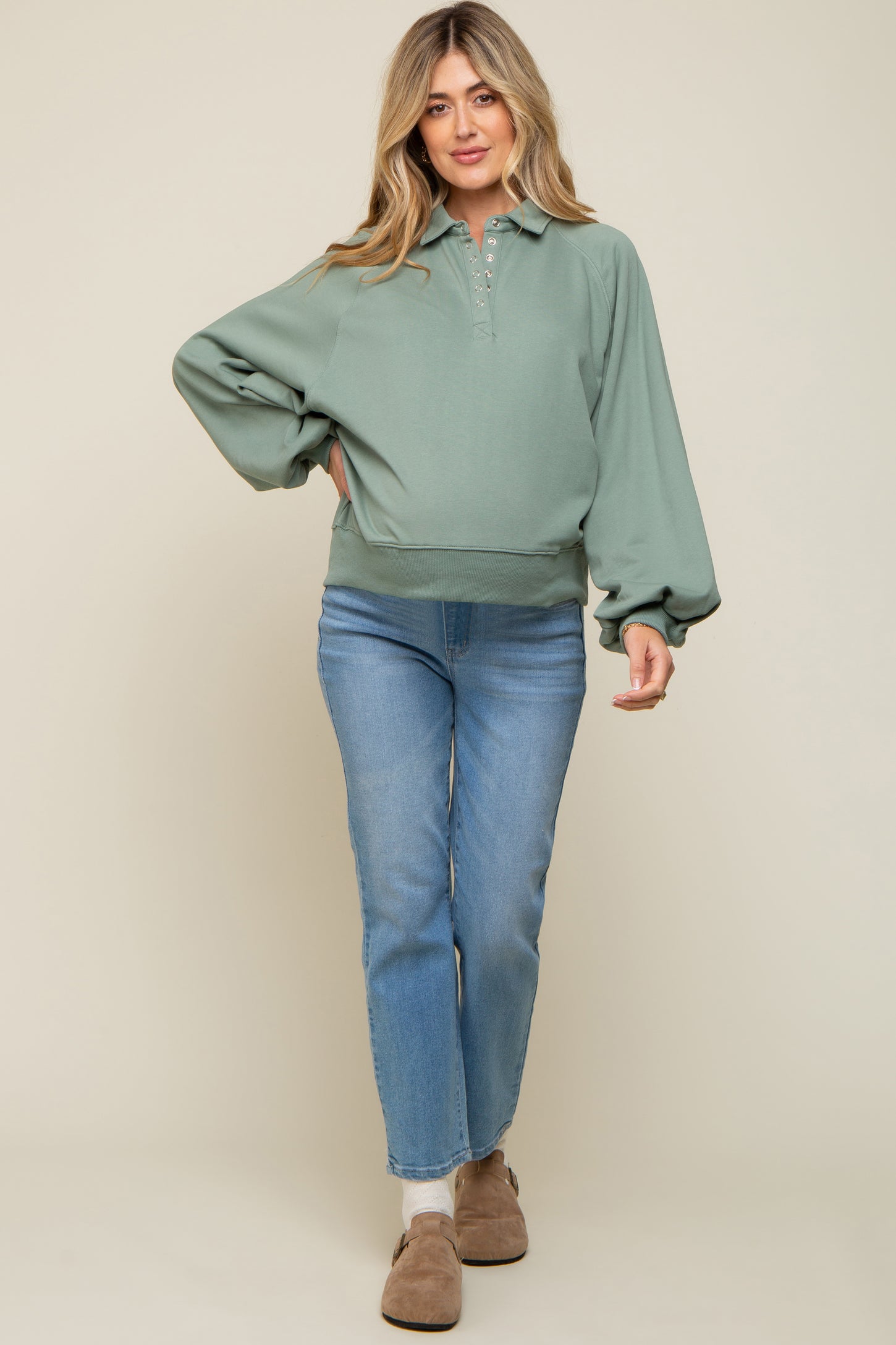 Sage Collared Button Maternity Pullover