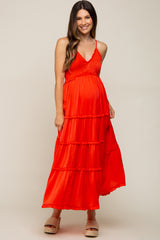 Red Orange Smocked Ruffle Tiered Maternity Maxi Dress