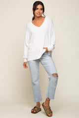 Ivory Knit V-Neck Long Sleeve Top