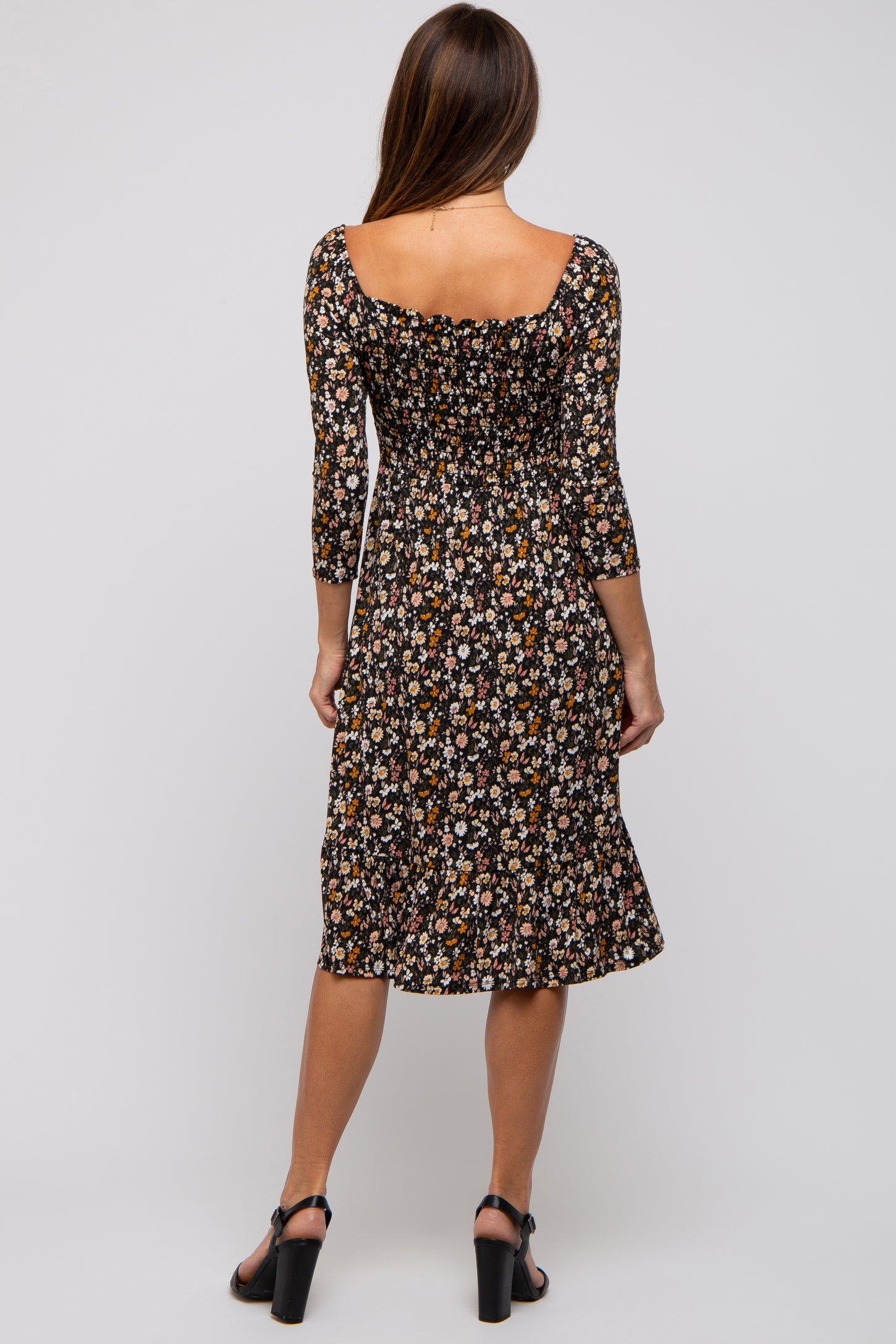 Black Floral Smocked 3/4 Sleeve Dress