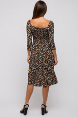 Black Floral Smocked 3/4 Sleeve Dress