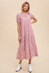 Mauve Lace Tiered Maternity Midi Dress