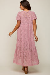Mauve Lace Tiered Maternity Midi Dress