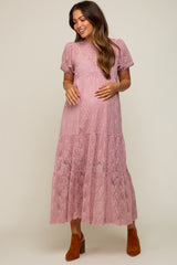 Mauve Lace Tiered Maternity Midi Dress