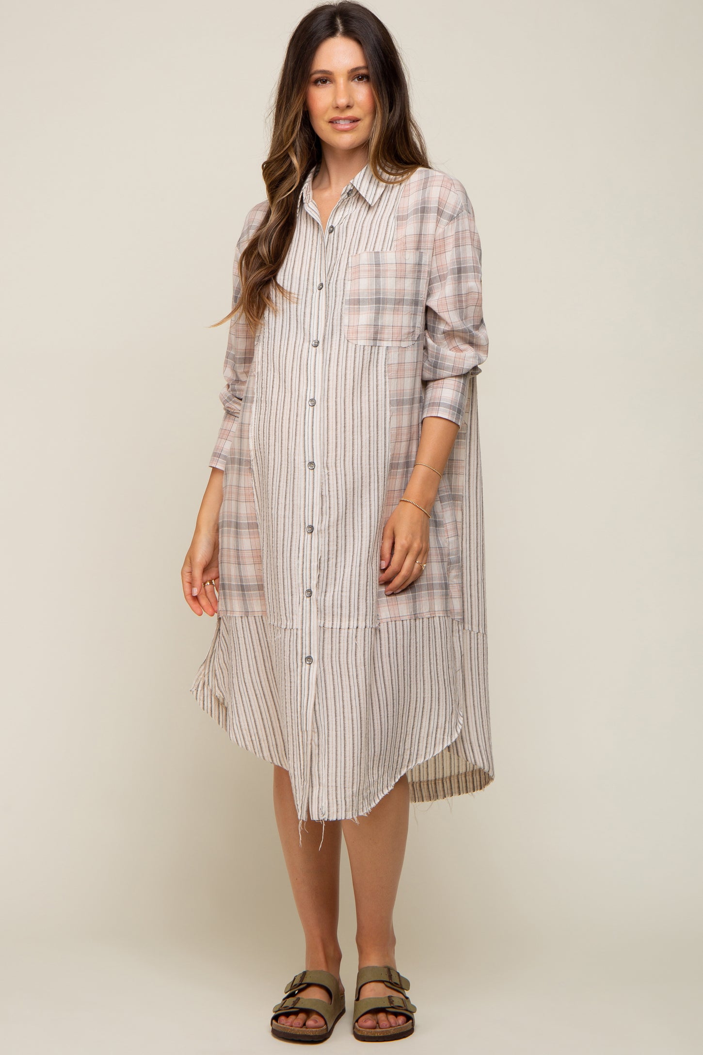 Grey Plaid Contrasting Long Maternity Dress