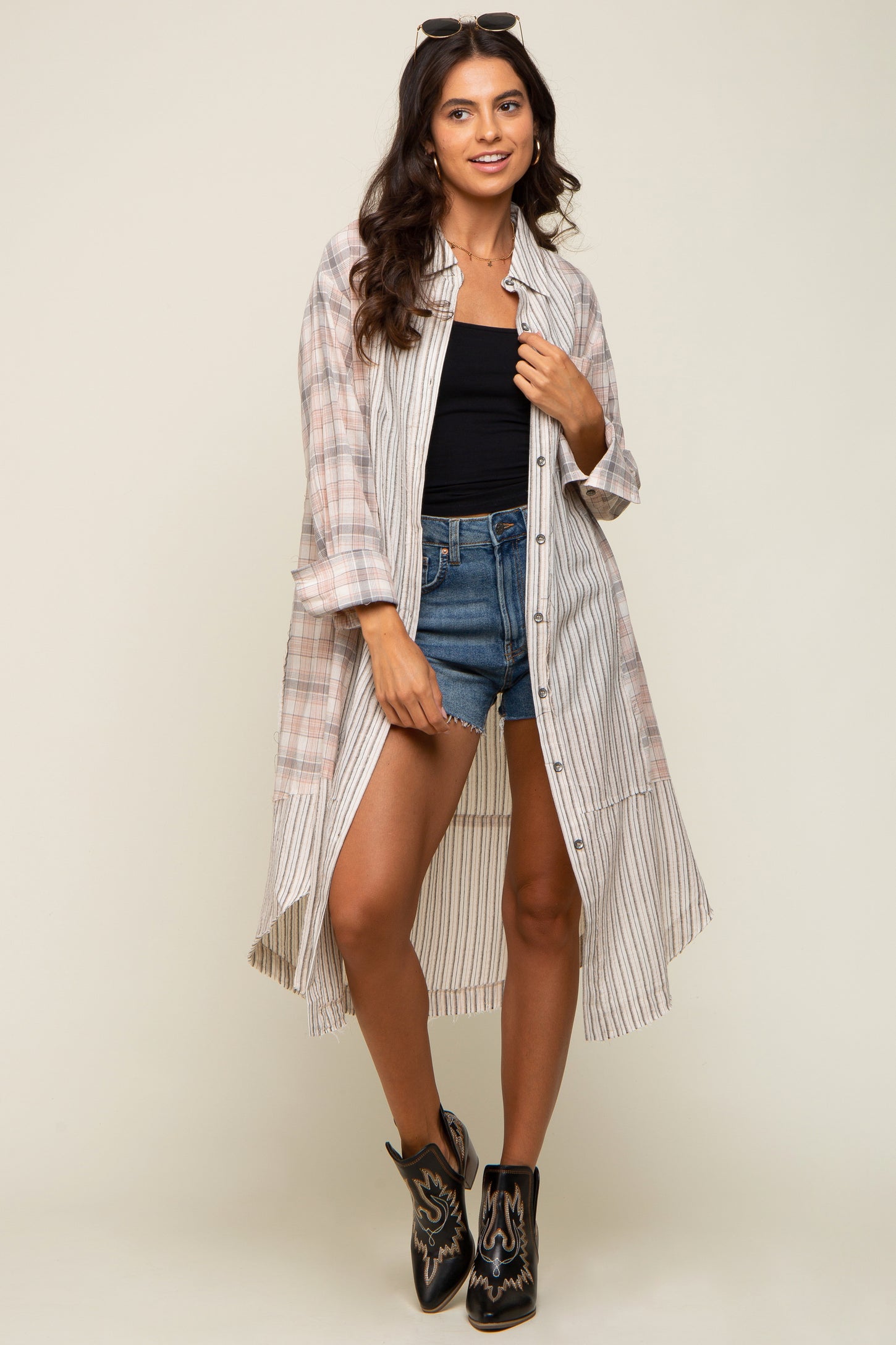 Grey Plaid Contrasting Long Shirt