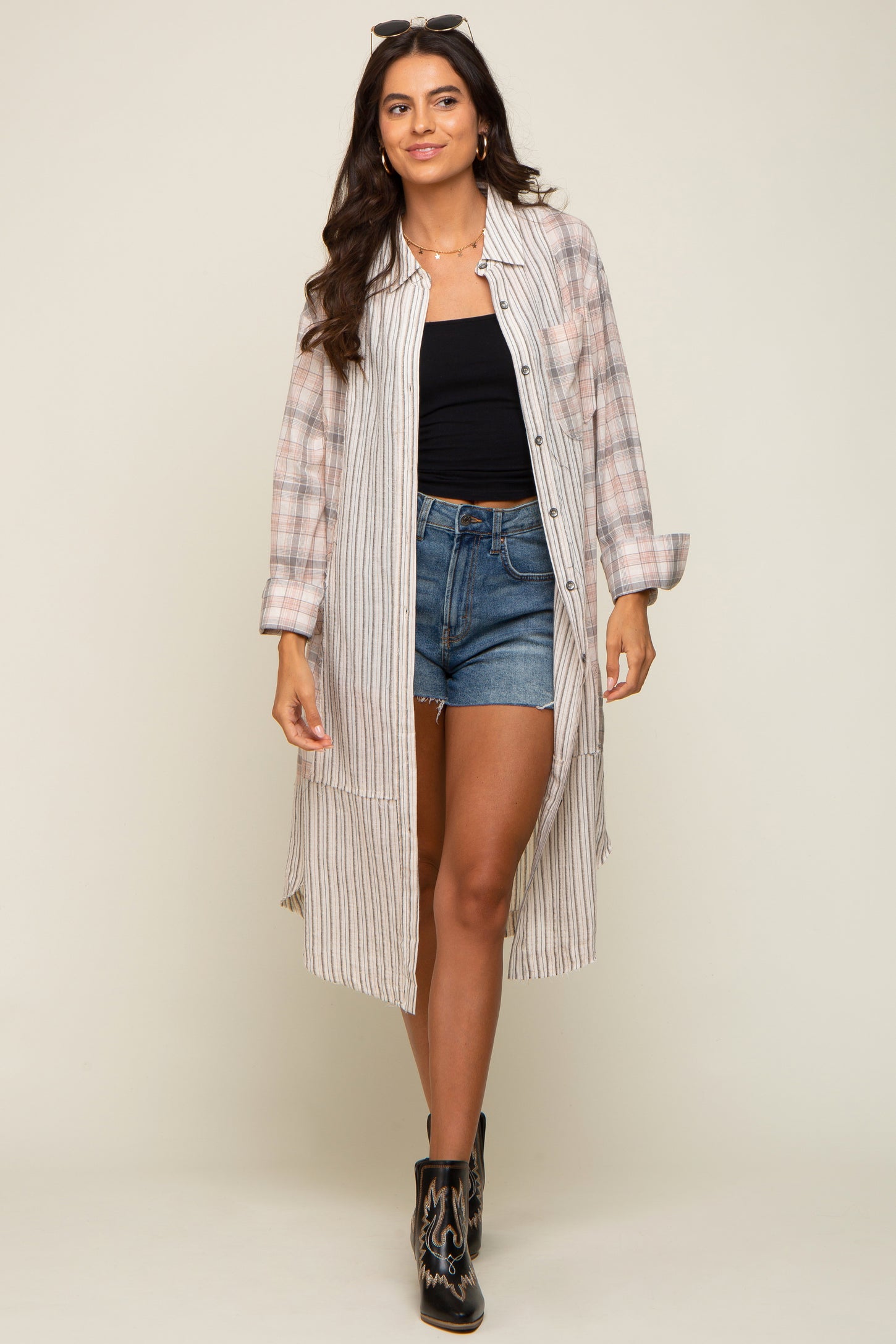 Grey Plaid Contrasting Long Shirt