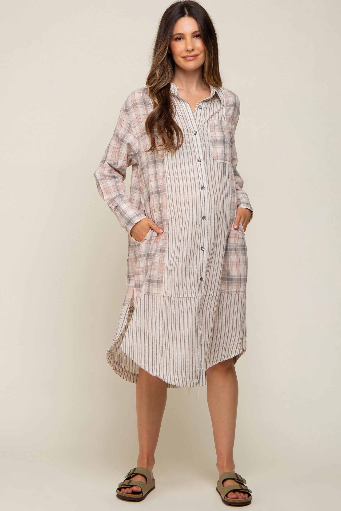 Grey Plaid Contrasting Long Maternity Dress