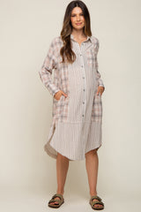 Grey Plaid Contrasting Long Maternity Dress