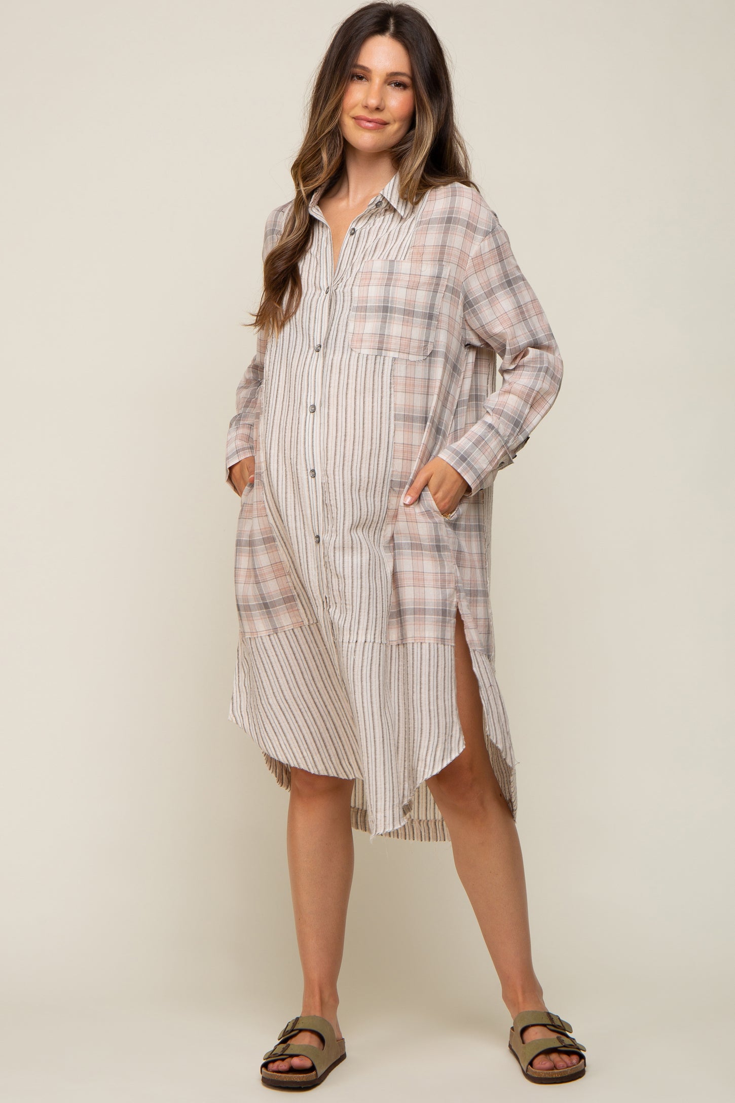 Grey Plaid Contrasting Long Maternity Dress