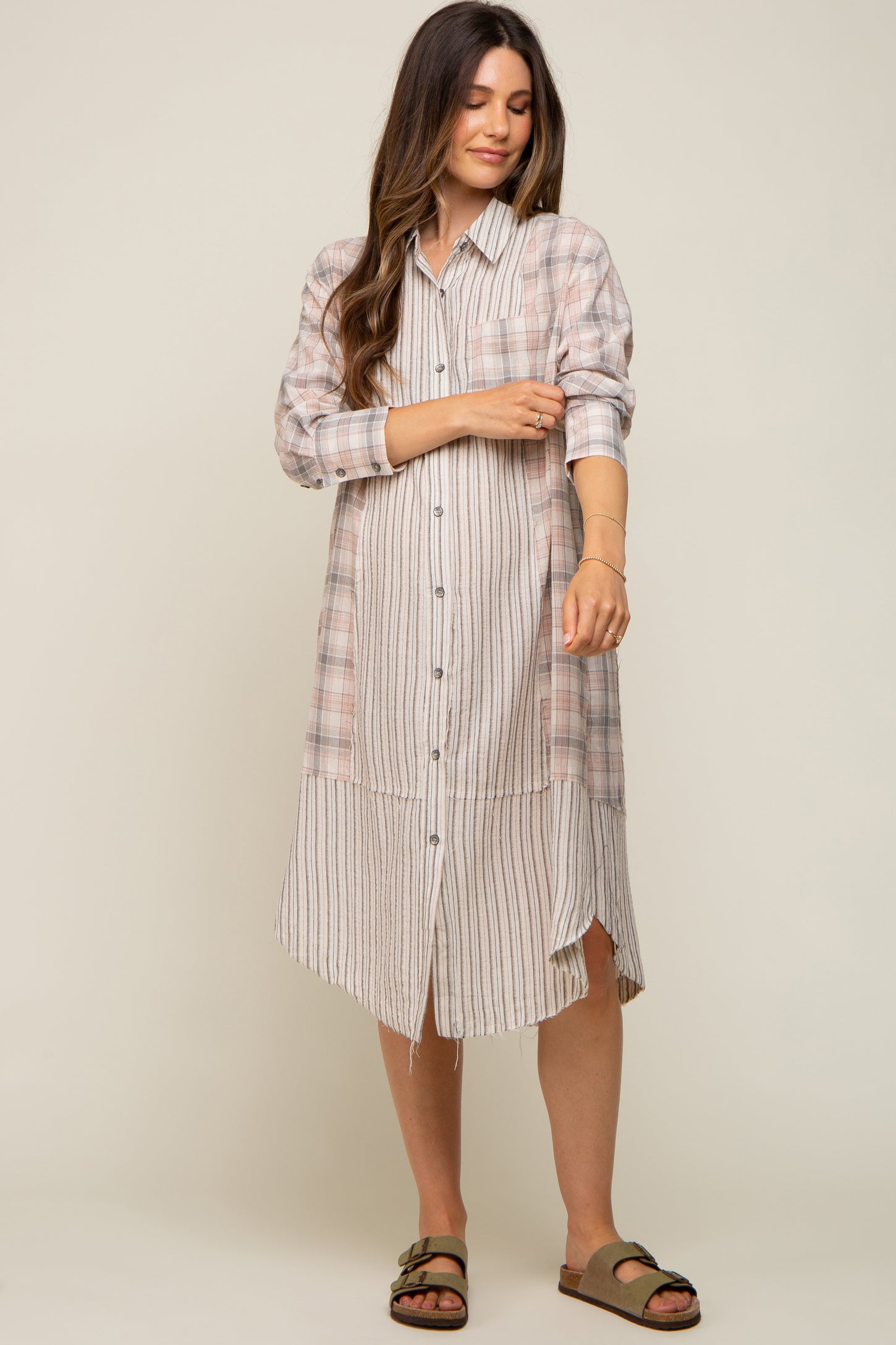Grey Plaid Contrasting Long Maternity Dress