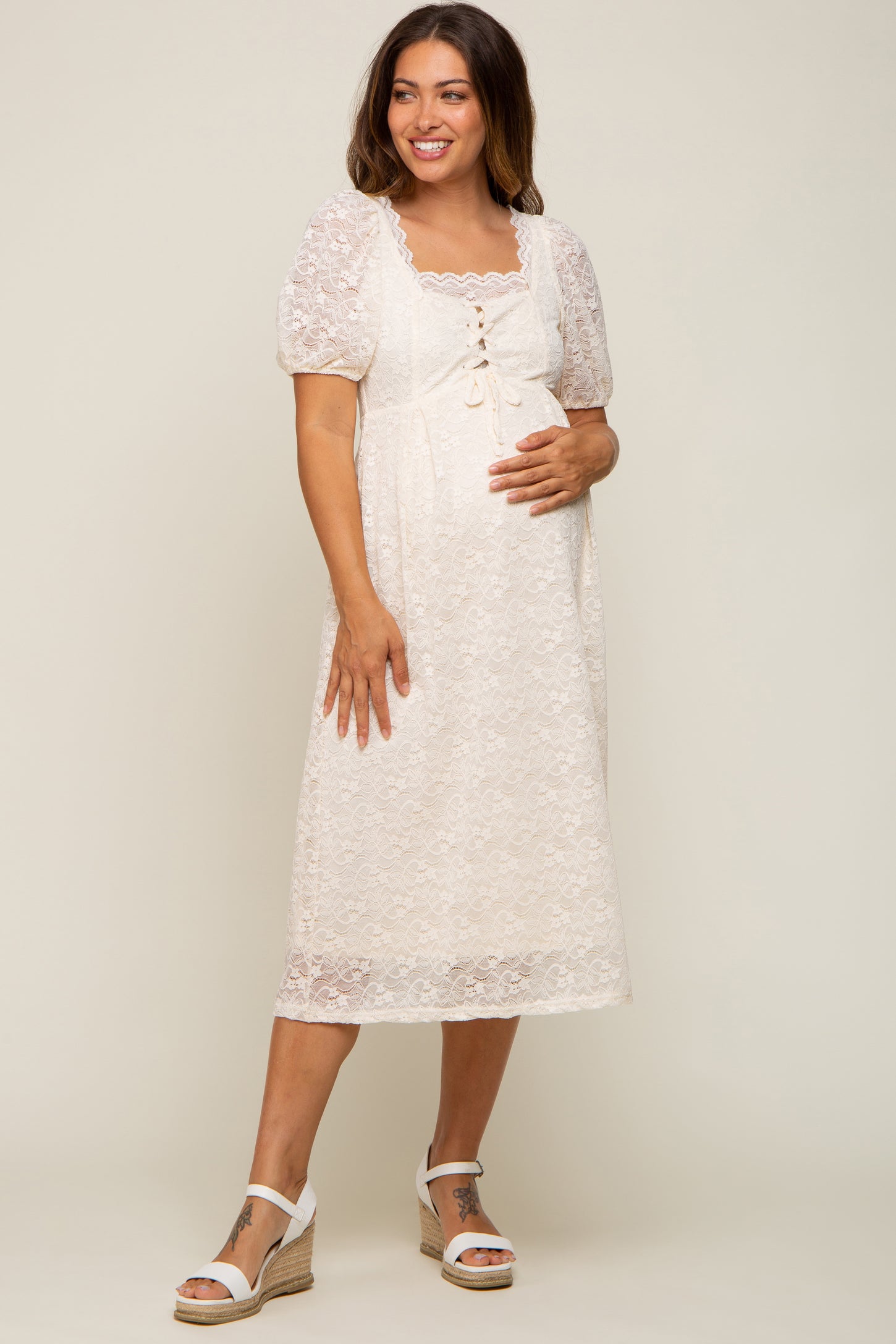 Cream Lace Cutout Maternity Midi Dress