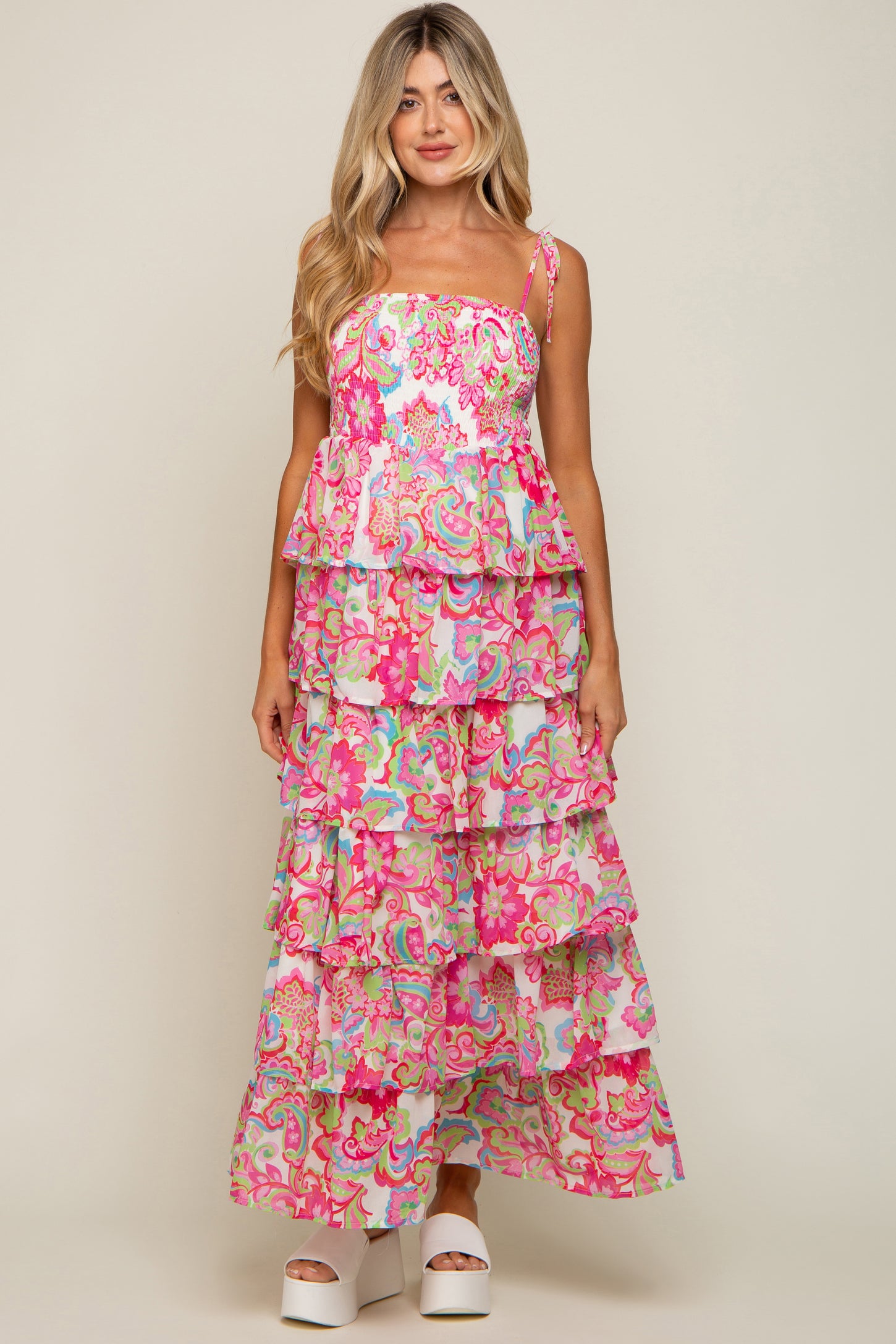 Fuchsia Floral Chiffon Smocked Shoulder Tie Ruffle Tiered Maternity Maxi Dress