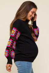 Black Crochet Sleeve Maternity Sweater
