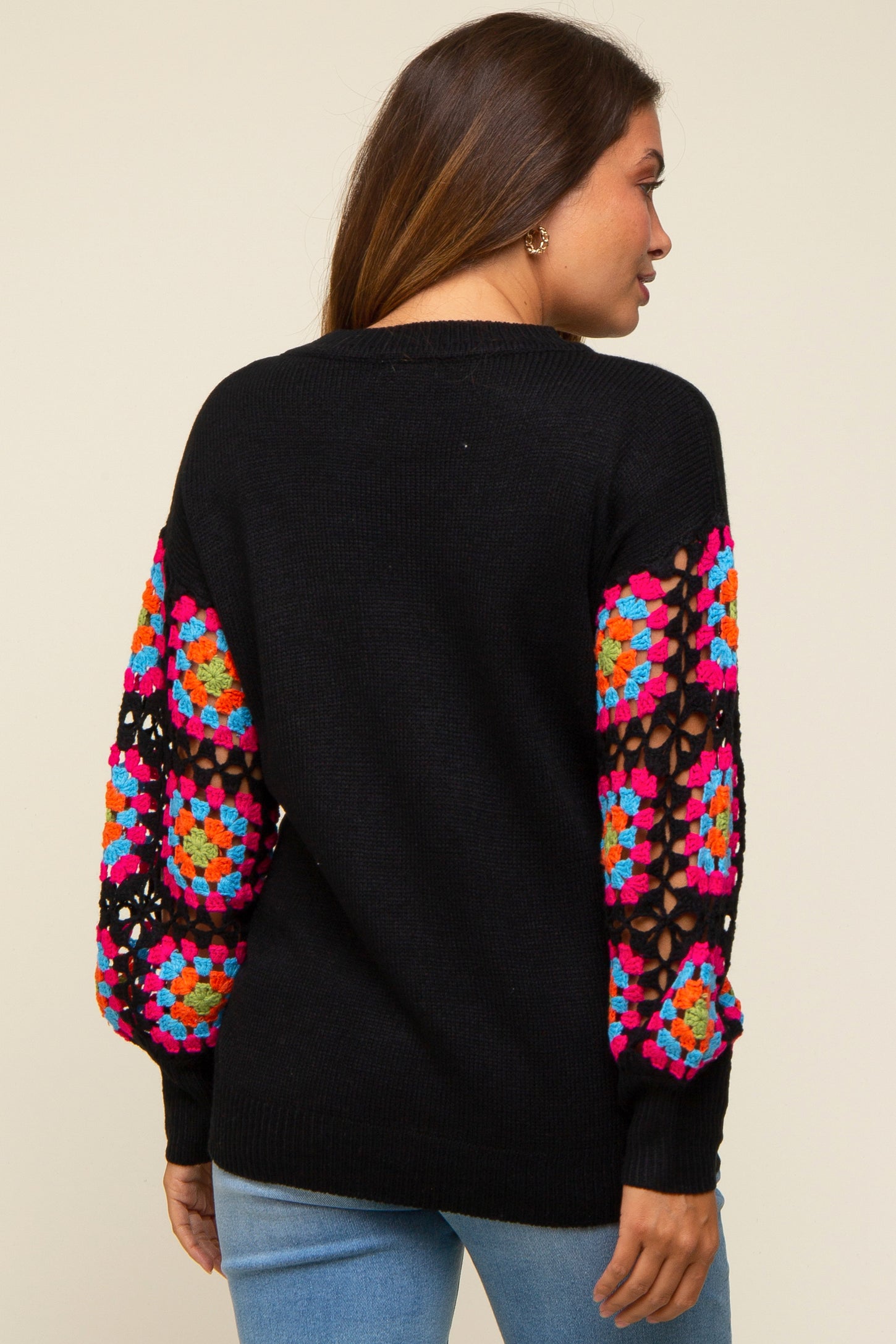 Black Crochet Sleeve Maternity Sweater