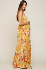 Yellow Floral Sleeveless Tiered Maternity Maxi Dress