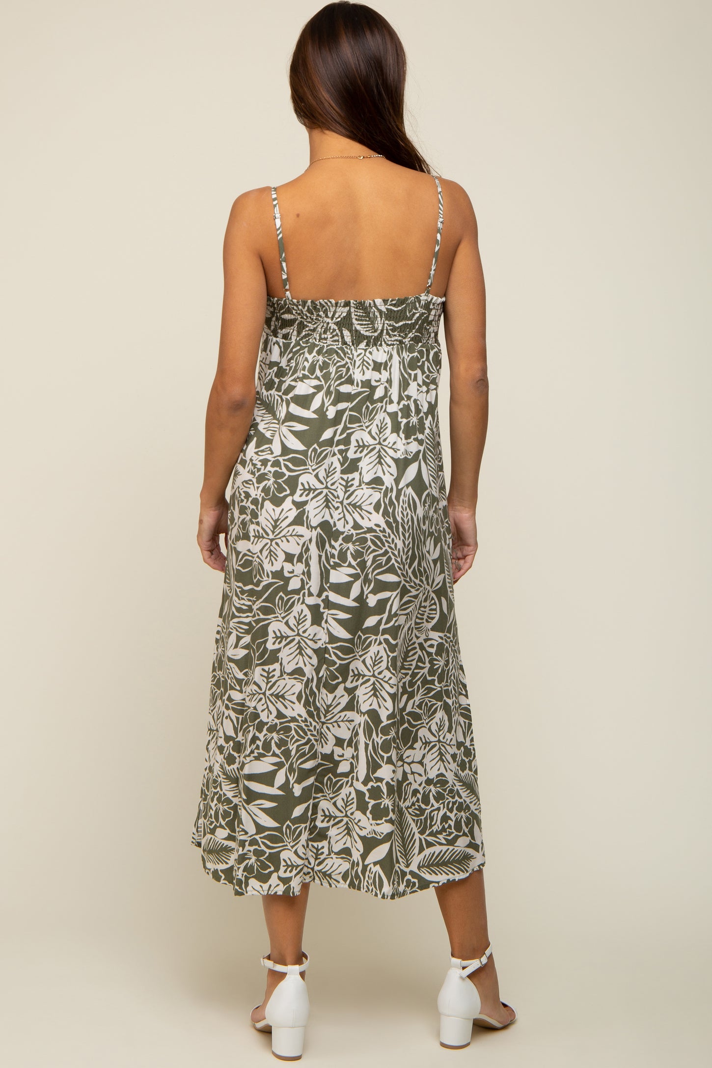 Olive Floral Side Slit Maternity Midi Dress