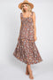 Brown Floral Cinched Tiered Midi Dress