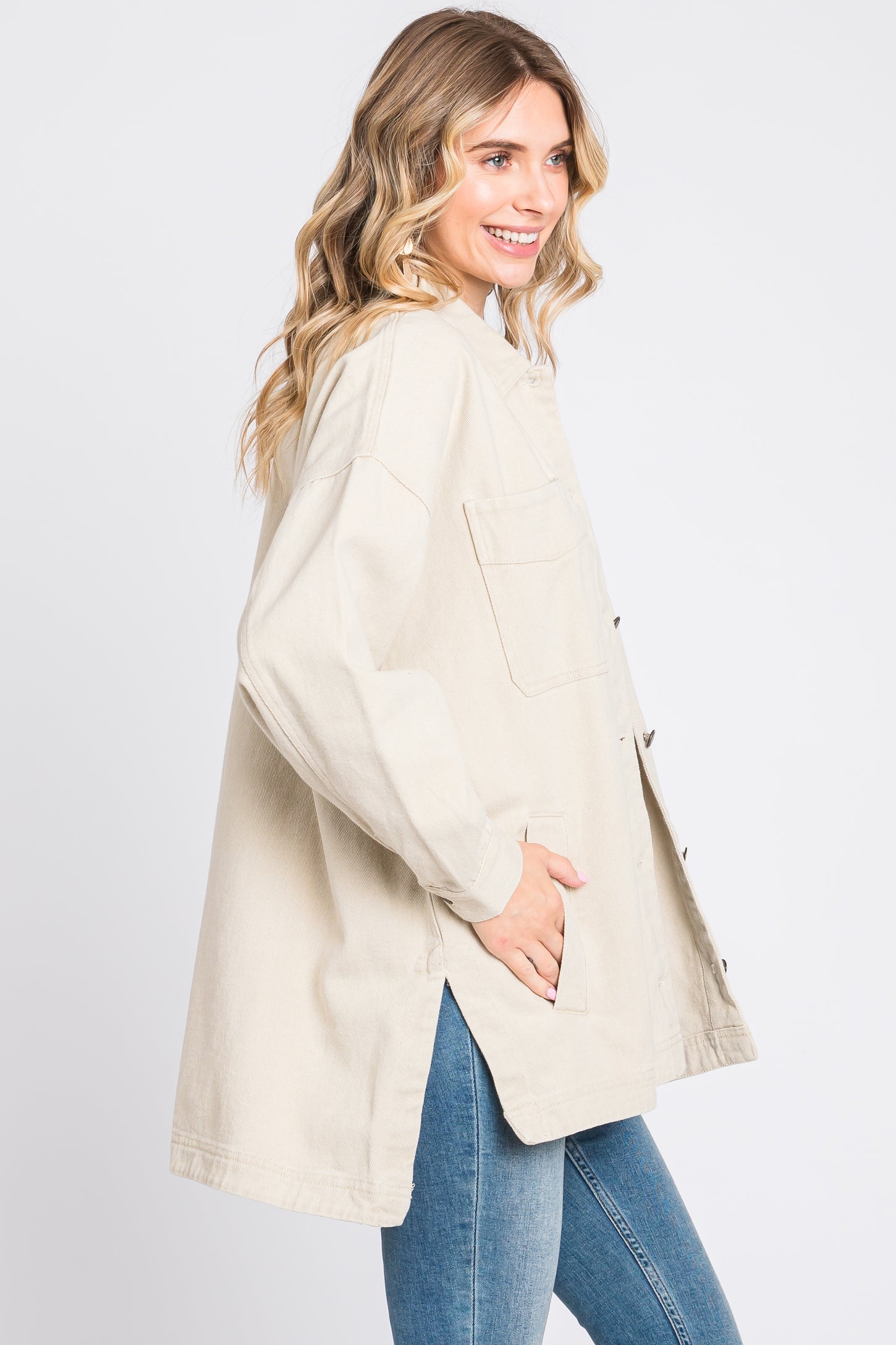 Beige Denim Button Down Button Down Jacket