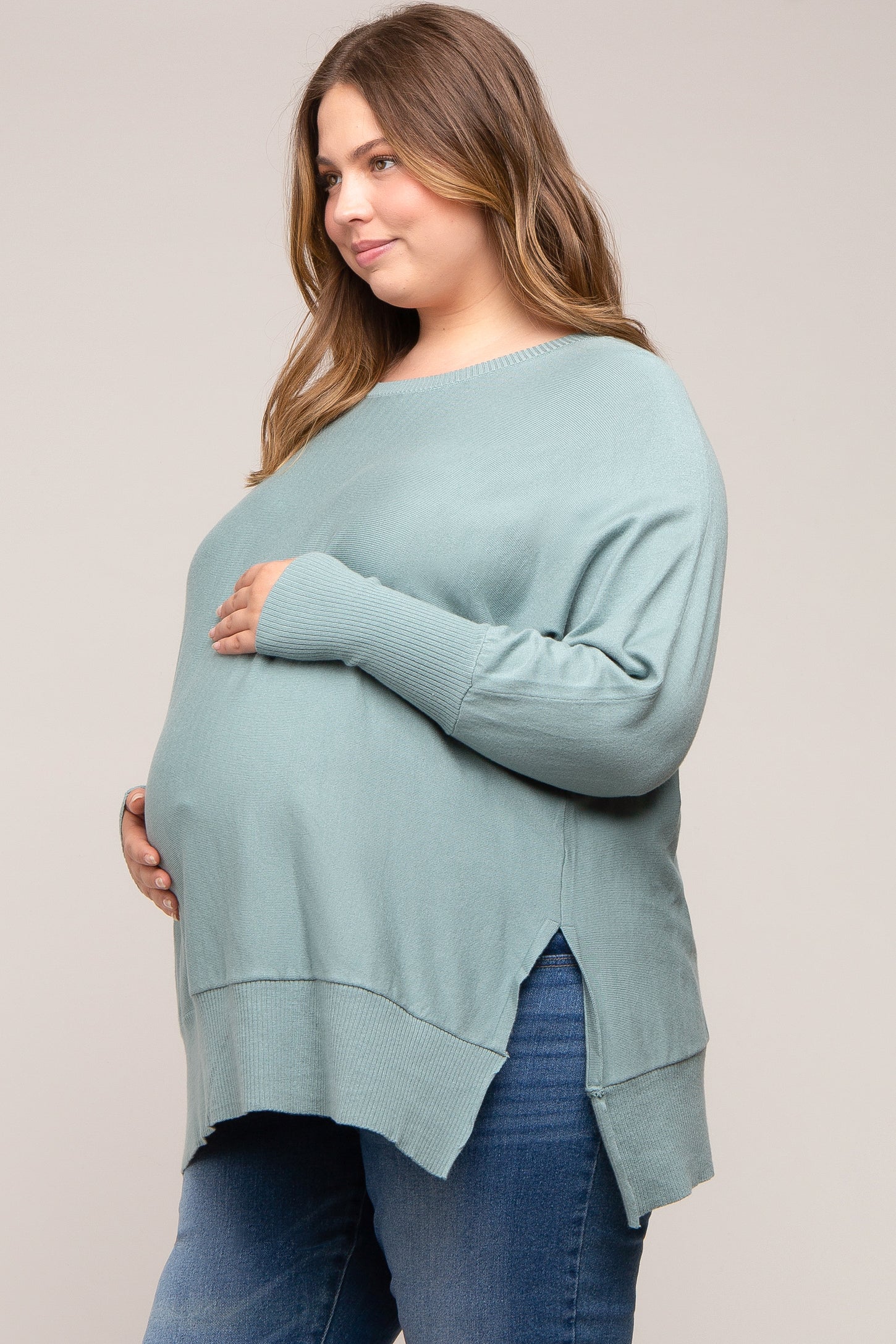 Jade Dolman Sleeve Side Slit Maternity Plus Sweater