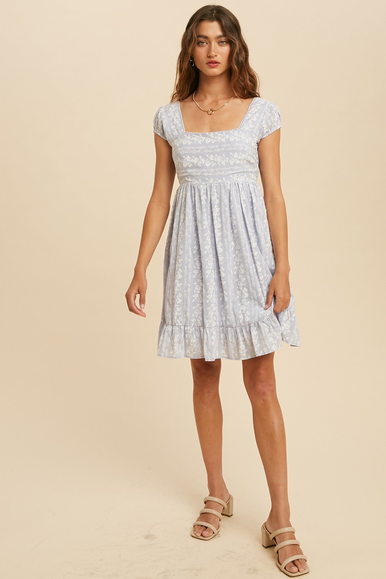 Powder Blue Lace Trim Floral Mini Dress