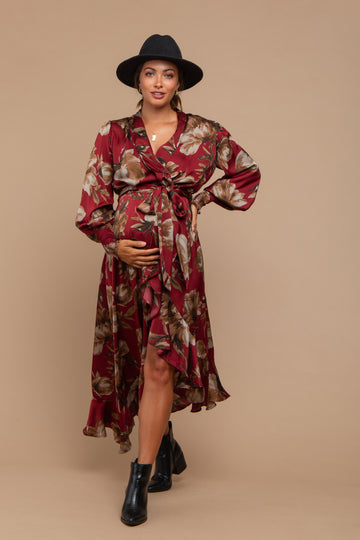 Burgundy Satin Asymmetrical Flounce Trim Maternity Midi Dress