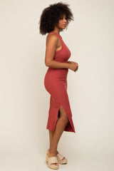 Rust Ribbed Sleeveless Side Slit Midi Dress