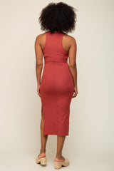 Rust Ribbed Sleeveless Side Slit Midi Dress