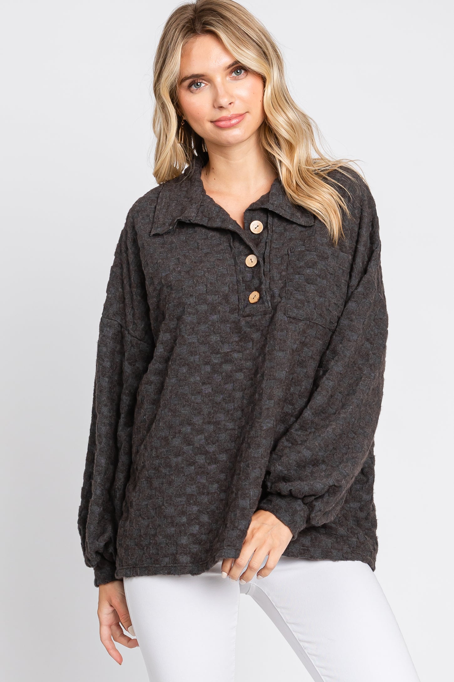 Charcoal Fuzzy Checkered Button Front Maternity Top