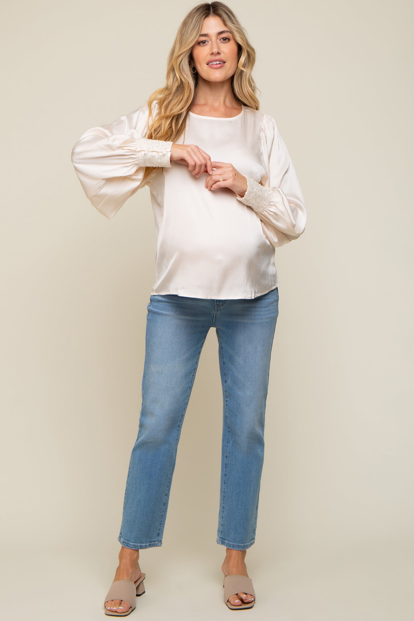 Cream Satin Sequin Cuff Maternity Blouse