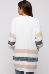 White Striped Eyelash Knit Button Front Maternity Cardigan