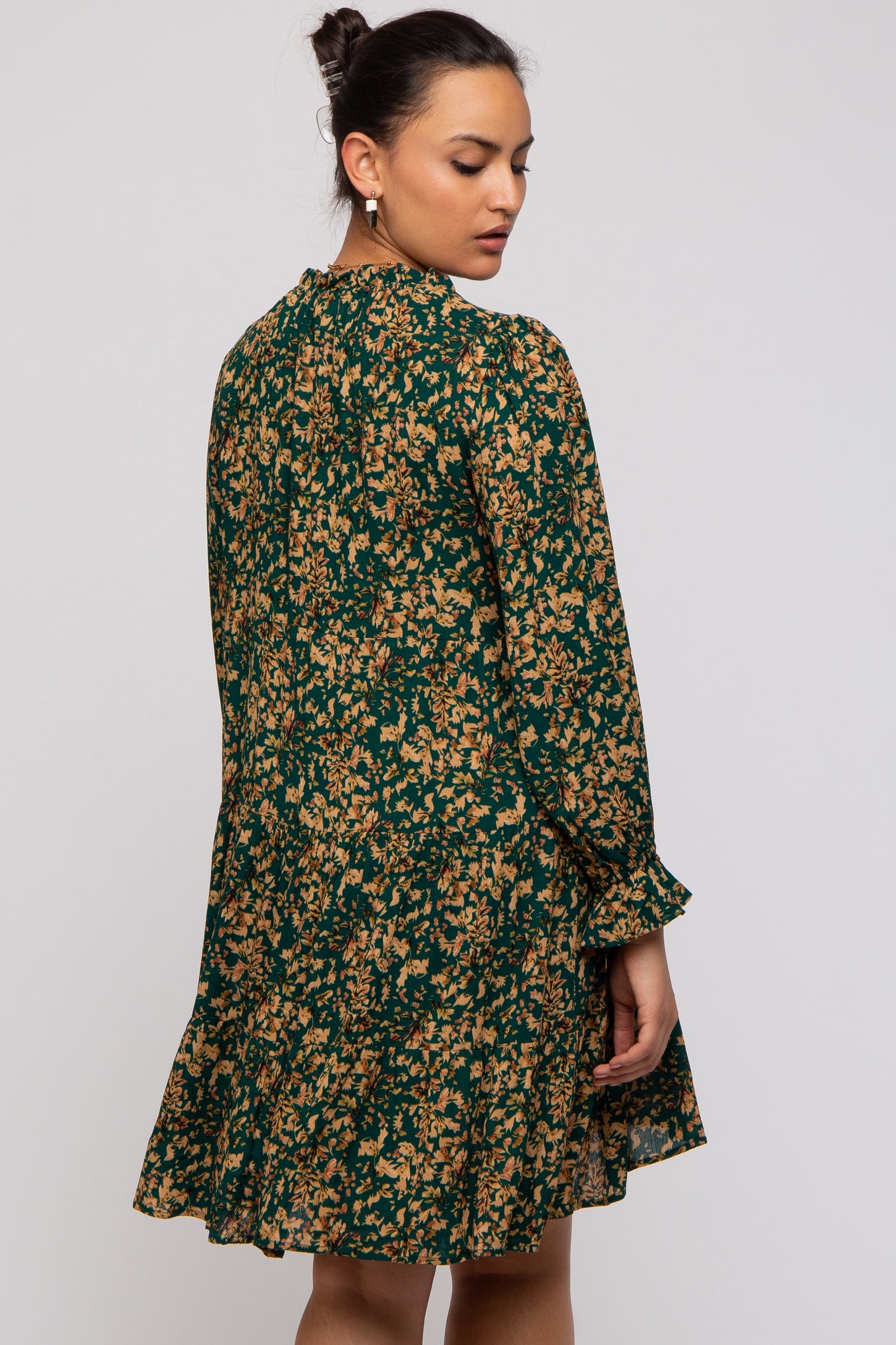 Forest Green Leaf Print Long Sleeve Dress